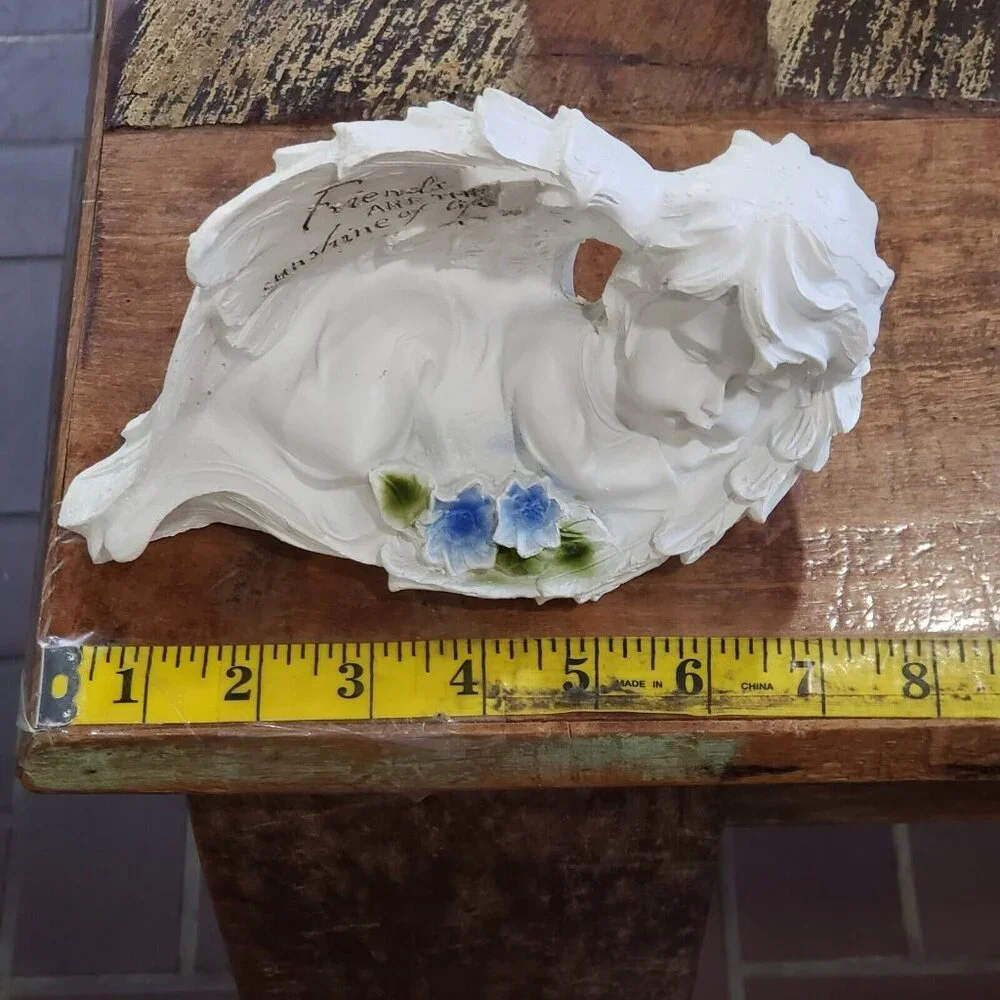 Set Of 2 White Sleeping Angel Cherub Figurines Wings Blue Flowers Friend Gift - Picture 7 of 9